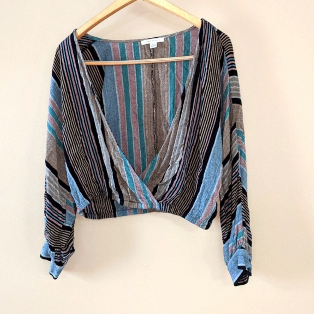 American Eagle Sz Small gathered waist open front striped blouse